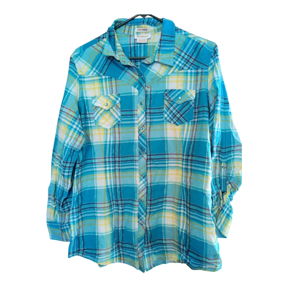Western Ariat Turquoise,Purple Pearl Snap Plaid Shirt Top Women’s XXL Fitted